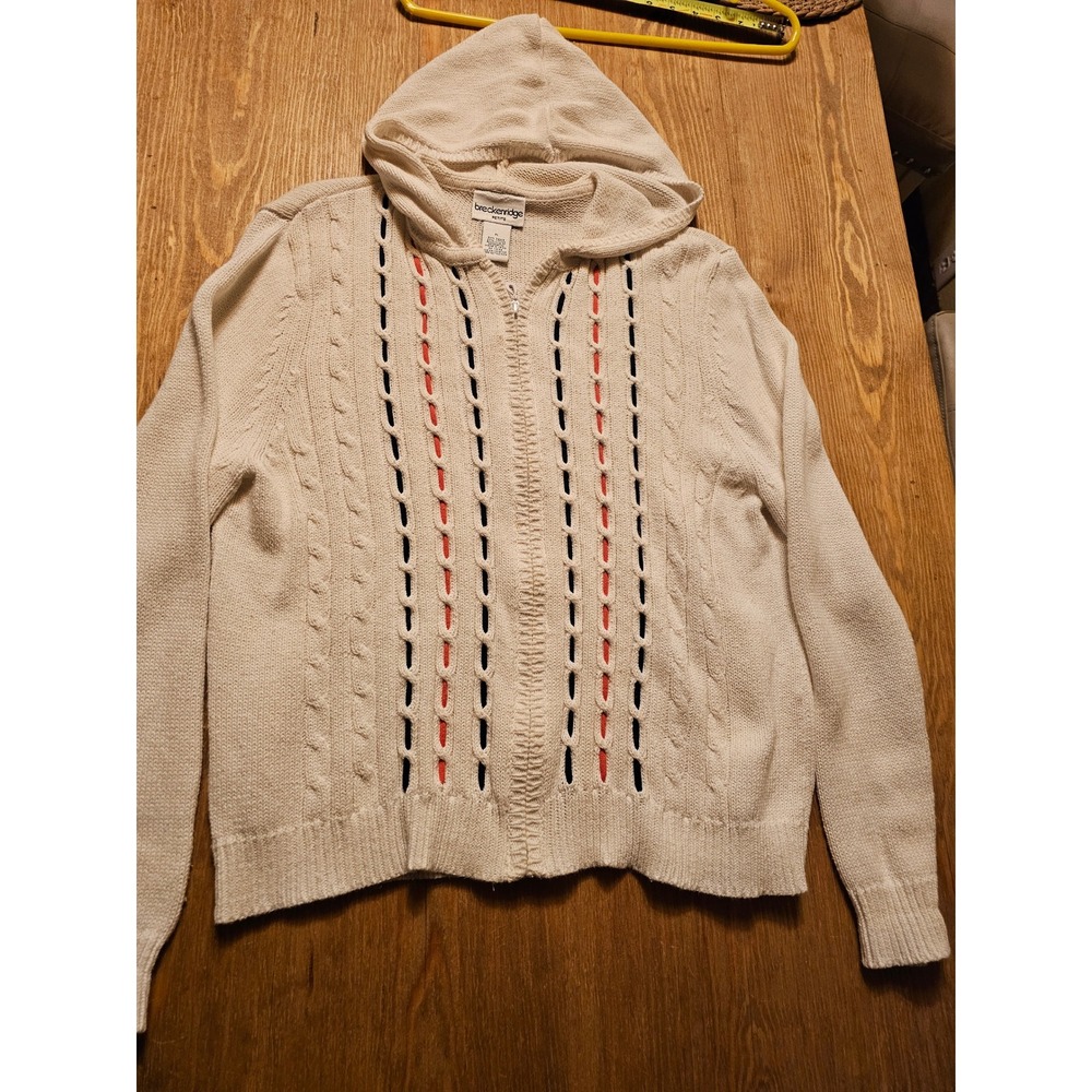 Breckenridge Petite Cream Cable Knit Zip Up Hoodie Navy Coral Accents PL 211